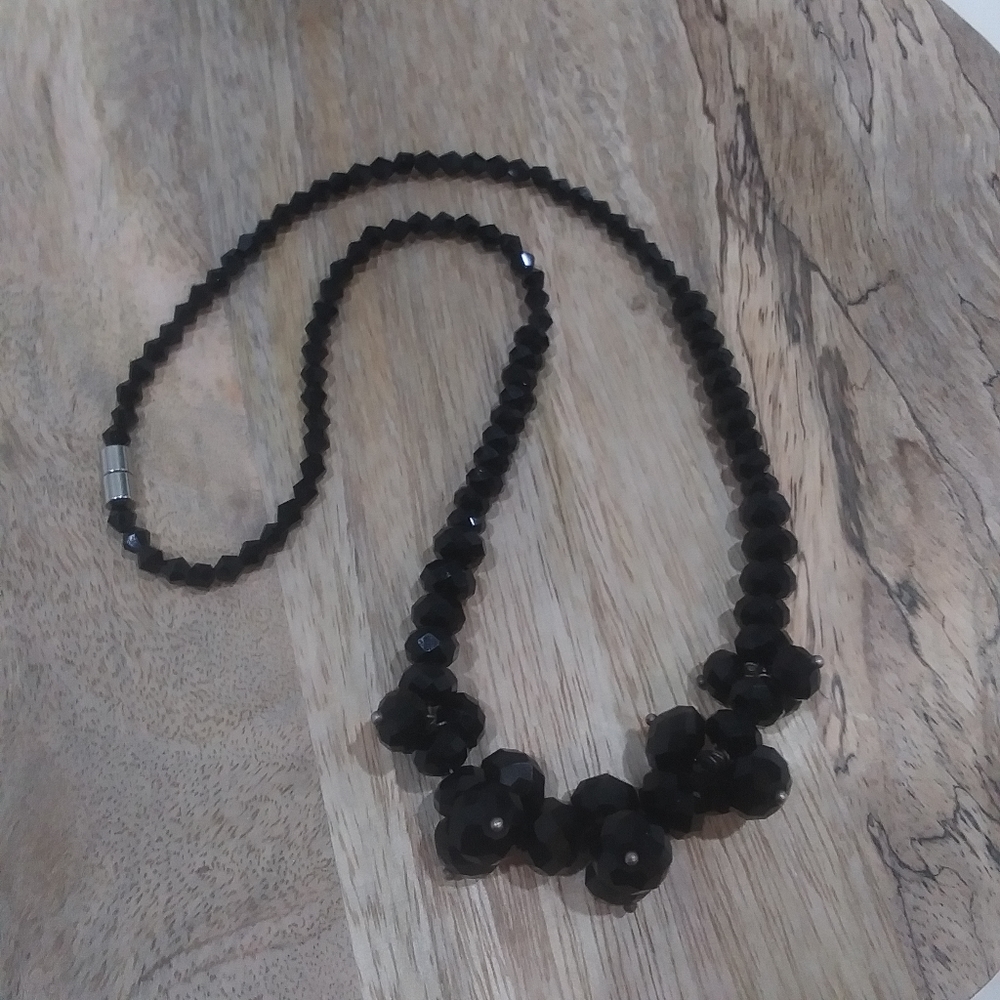 Black Faceted Glass Bead Necklace, Magnetic Clasp